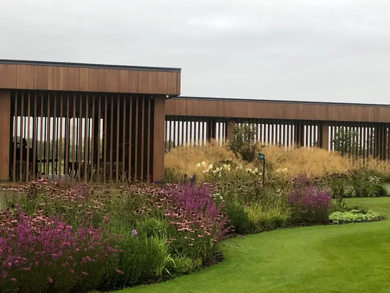 Border of echinacea, loosestrife and hydrangeas against the timber pavilion